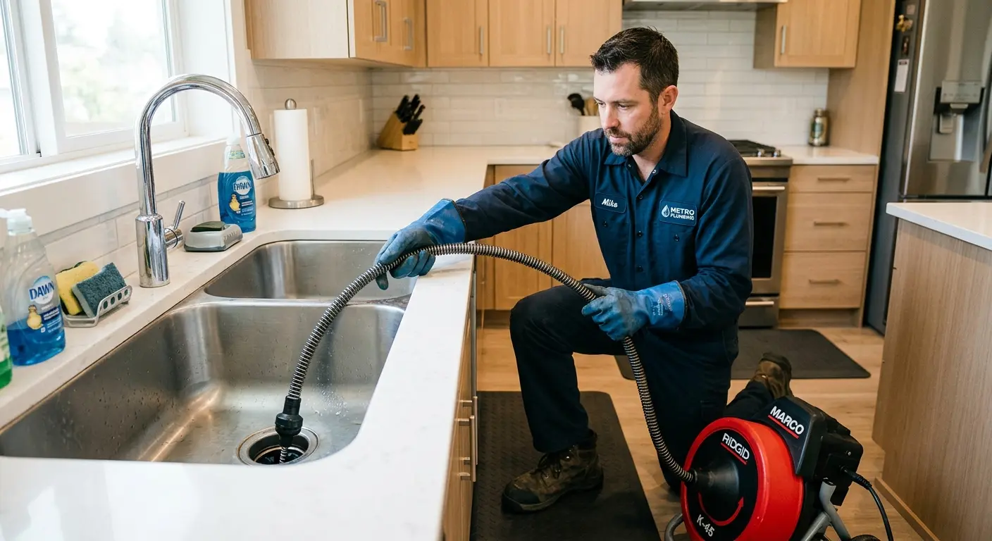 Drain cleaning technician using a motorized snake on a kitchen sink in Grosse Pointe Farms