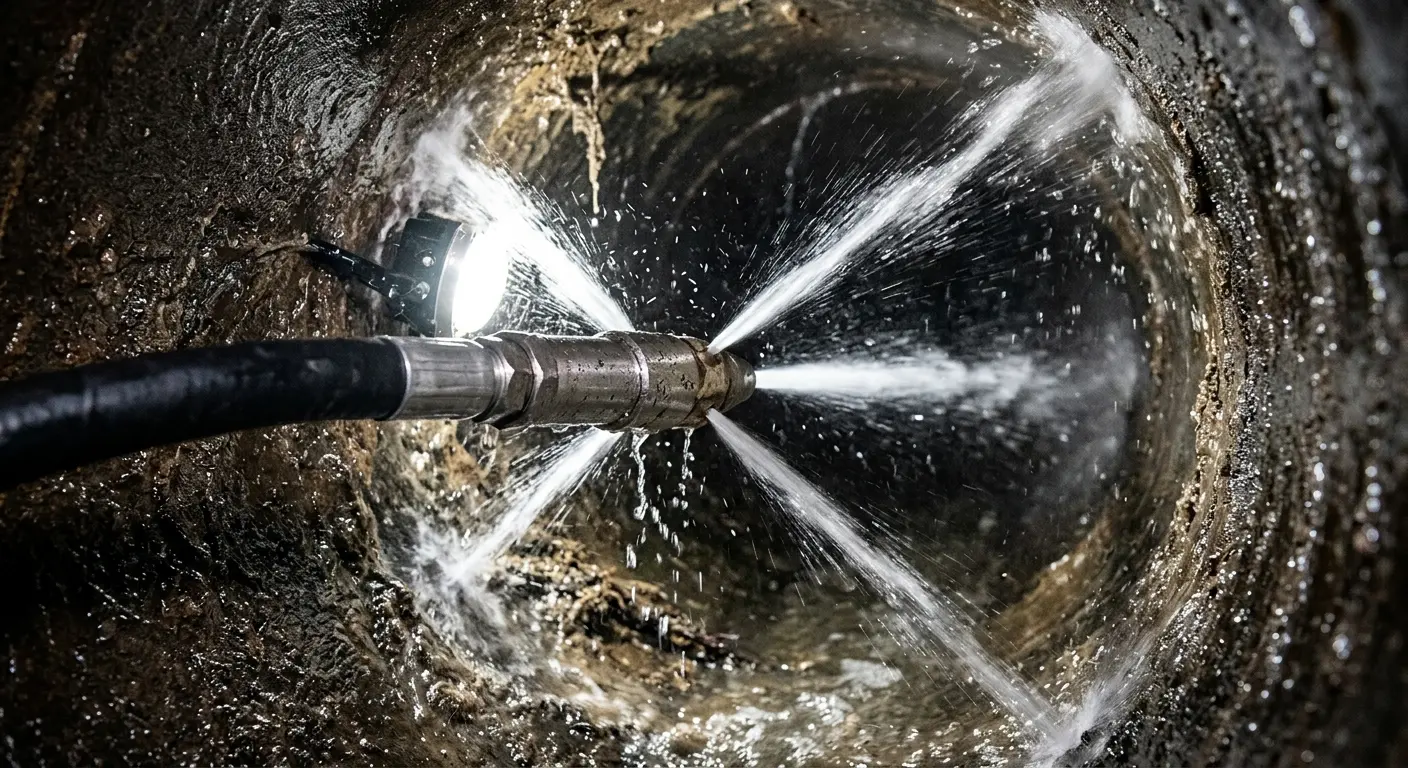 High-pressure hydro jetting nozzle cleaning sewer pipe for Sewer Cleanout in Grosse Pointe Farms