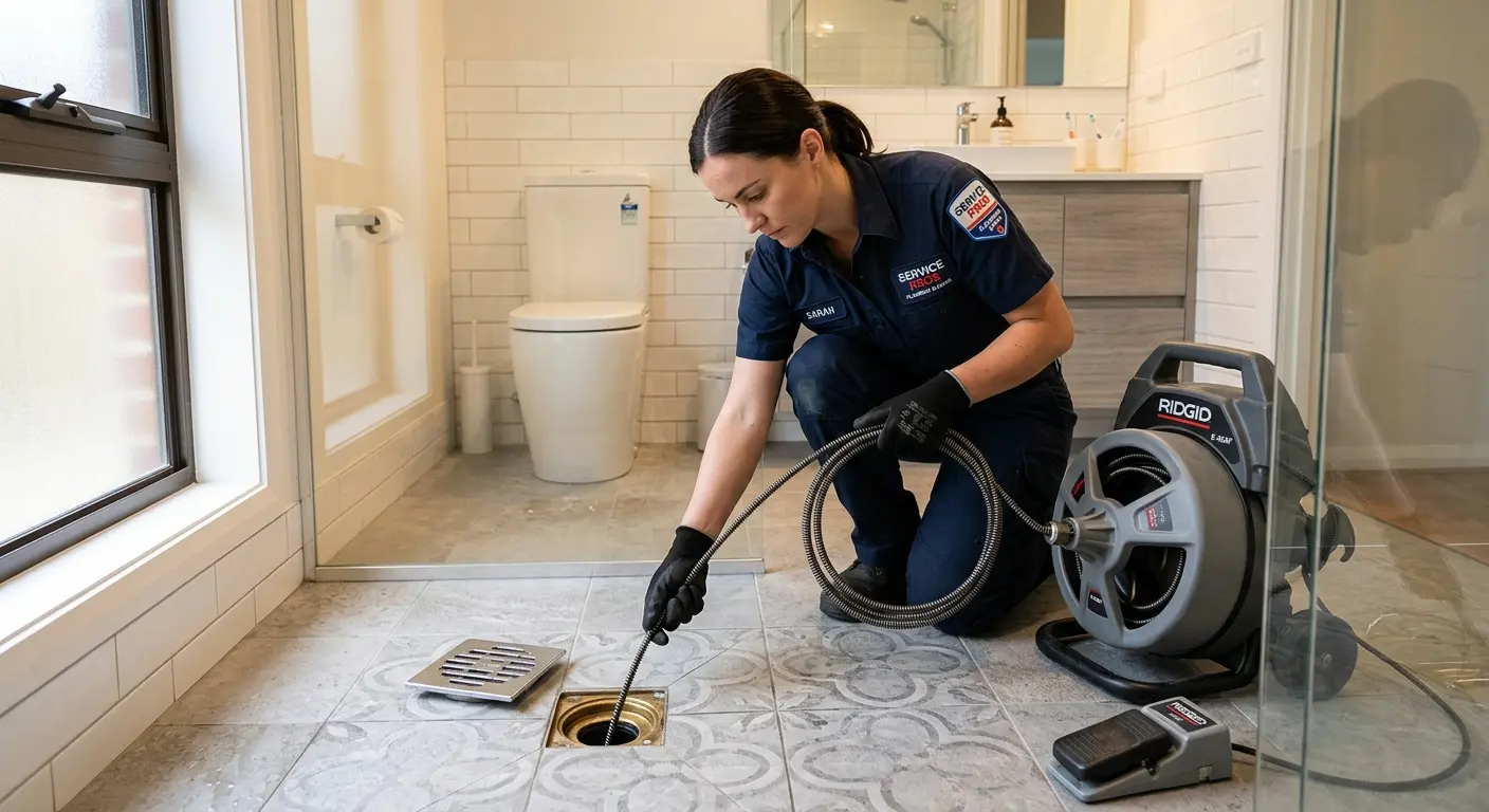 Technician clearing a bathroom floor drain for Sewer Line Replacement in Grosse Pointe Farms